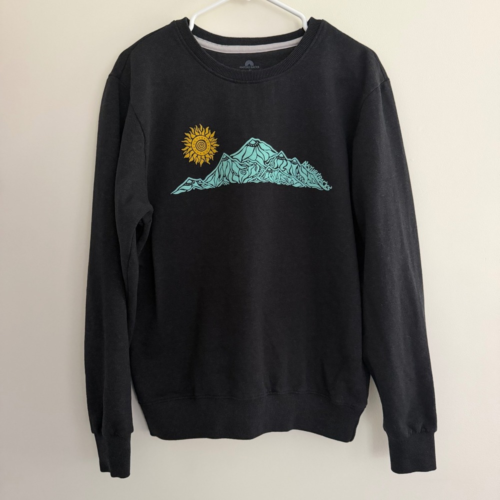 Nature Backs Graphic Sweatshirt Turquoise Mountain Graphic Black Crewneck Size M